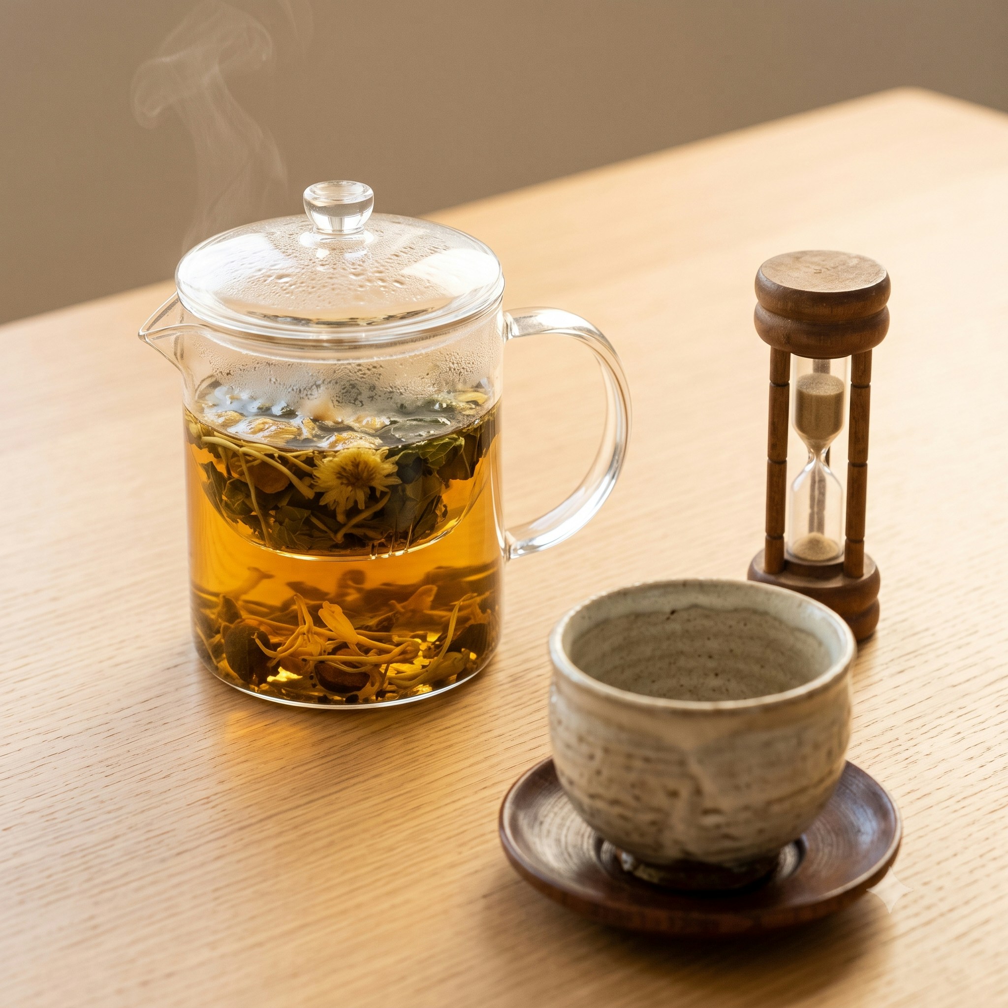 一杯冒着热气的罗汉果水，旁边放着中药材