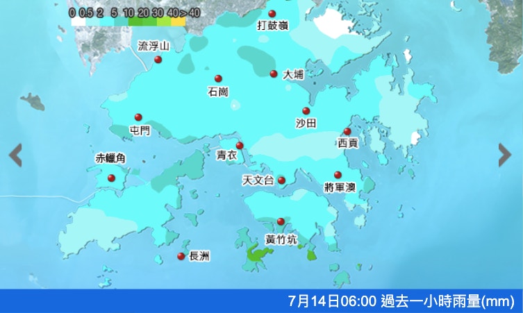 天文台7月14日清晨6时各区雨量分布图
