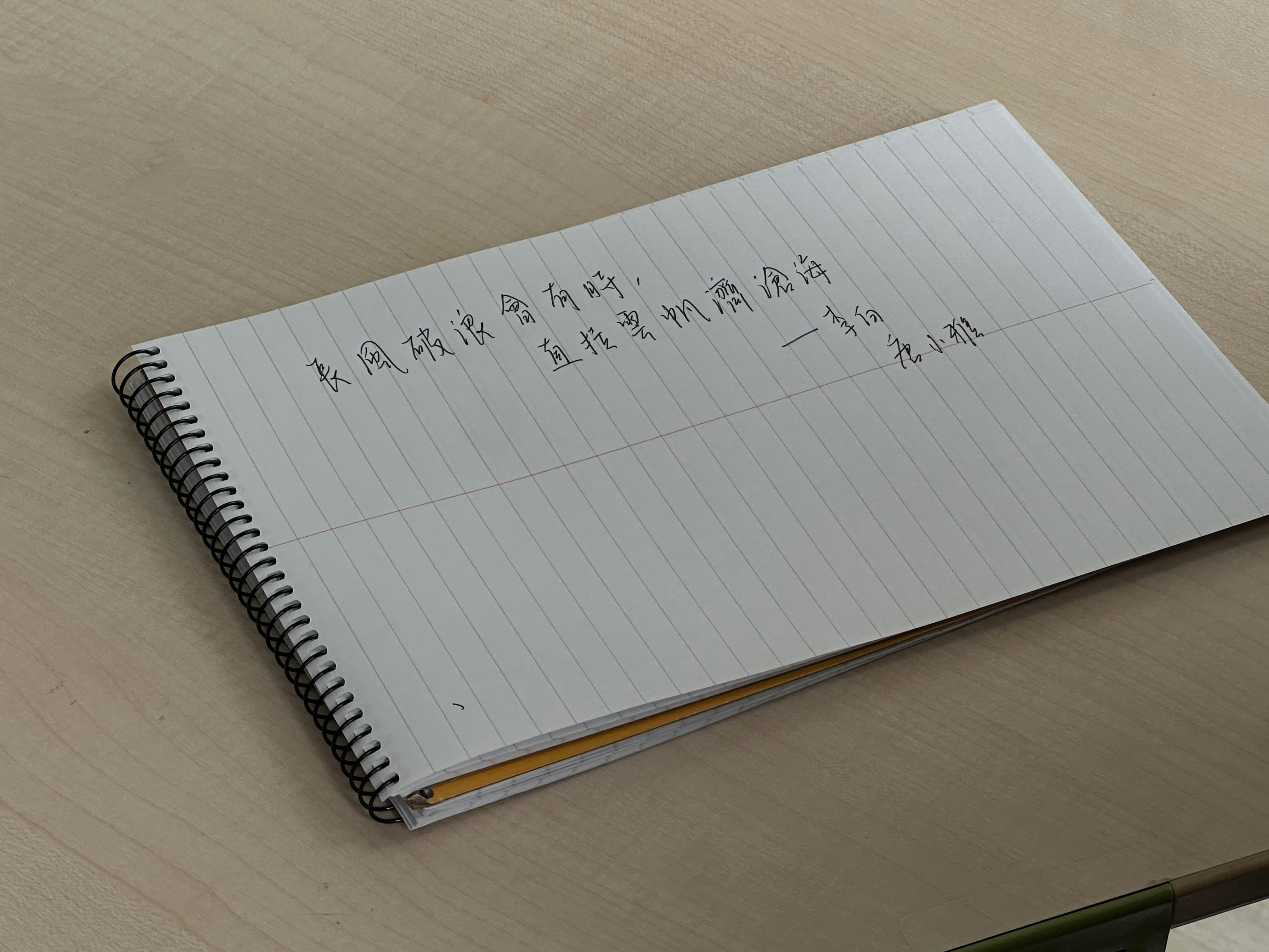 唐小雅为学弟妹写下寄语“长风破浪会有时，直挂云帆济沧海”。（李可榆摄）