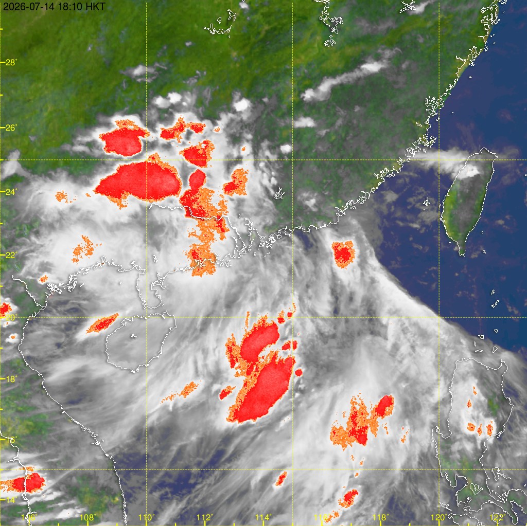 7月14日傍晚卫星云图显示广东西部及南海北部强对流天气