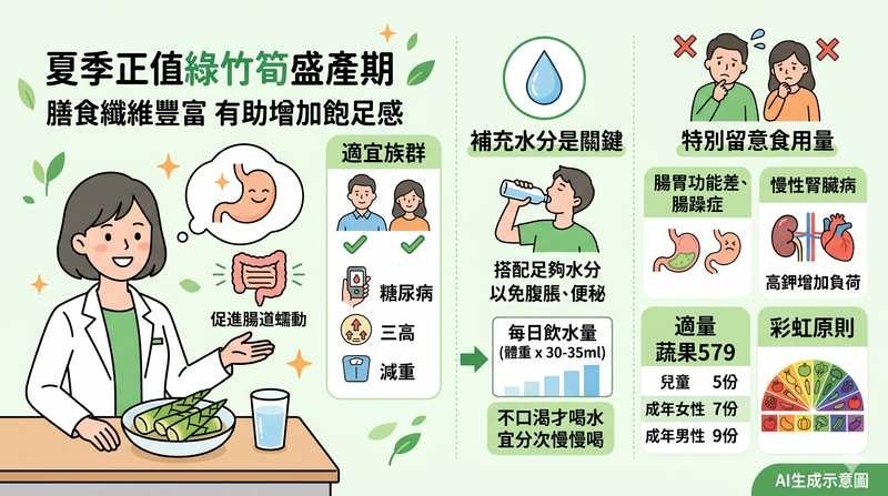 夏季正值绿竹笋盛产期,绿竹笋膳食纤维丰富,有助增加饱足感。