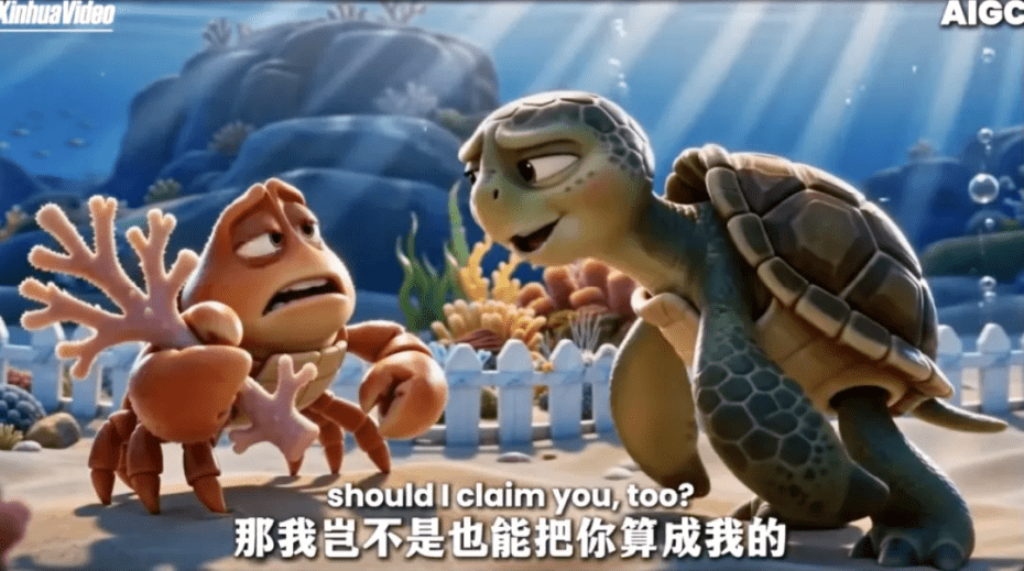 动画中螃蟹与海龟对话场景，讽刺南海问题上的霸权逻辑