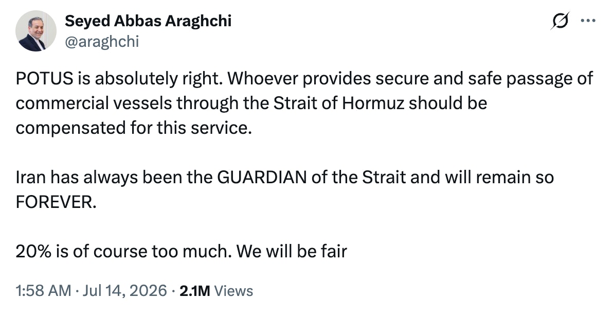 伊朗外长阿拉格齐（Abbas Araghchi）也在社交平台X上半认真地嘲笑特朗普的“保护费”。（X截图）