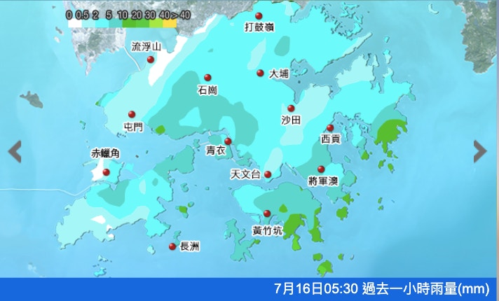 7月16日清晨香港各区降雨量分布